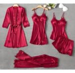 5 piece Slik Red colour Bridal nighty set