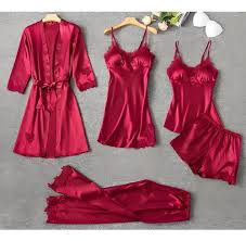 5 piece Slik Red colour Bridal nighty set
